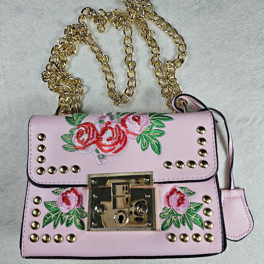 Rosa Pink Faux Leather Studded Bag Flower Embroidered Crossbody Purse - Picture 3 of 4